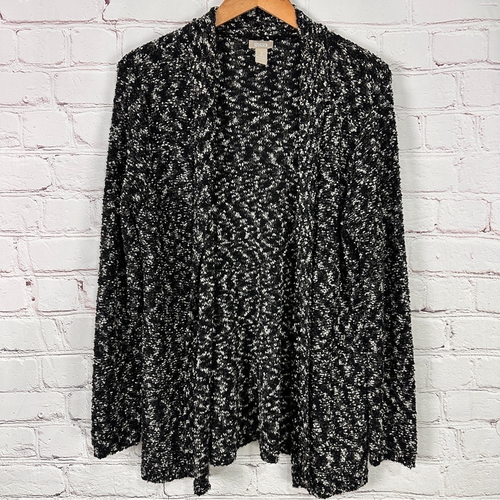 Chico's Black White Patterned Sweater open front stretchy cozy comfy size large